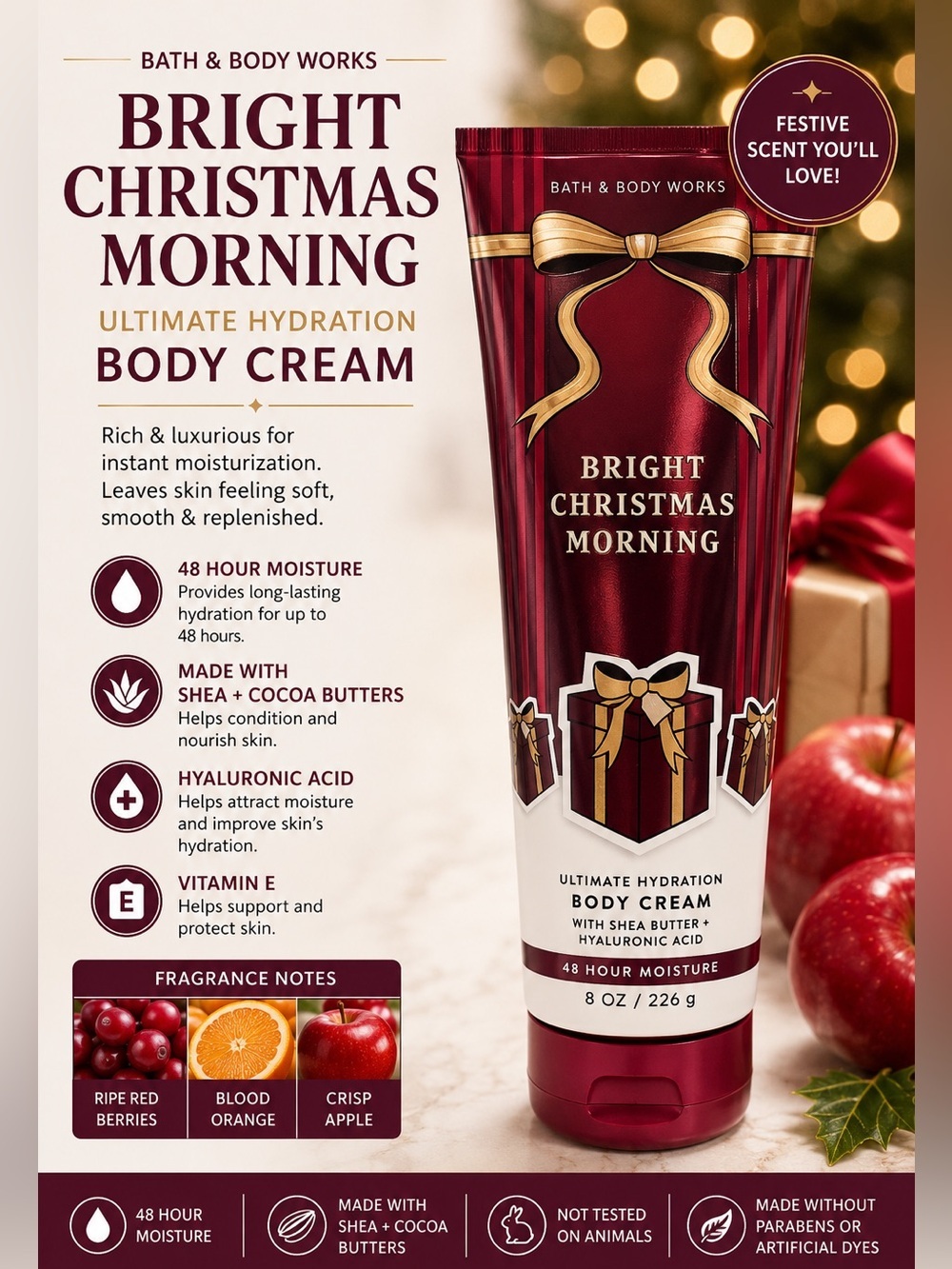 Bath & Body Works Bright Christmas Morning Body Cream - Red, Gold, White